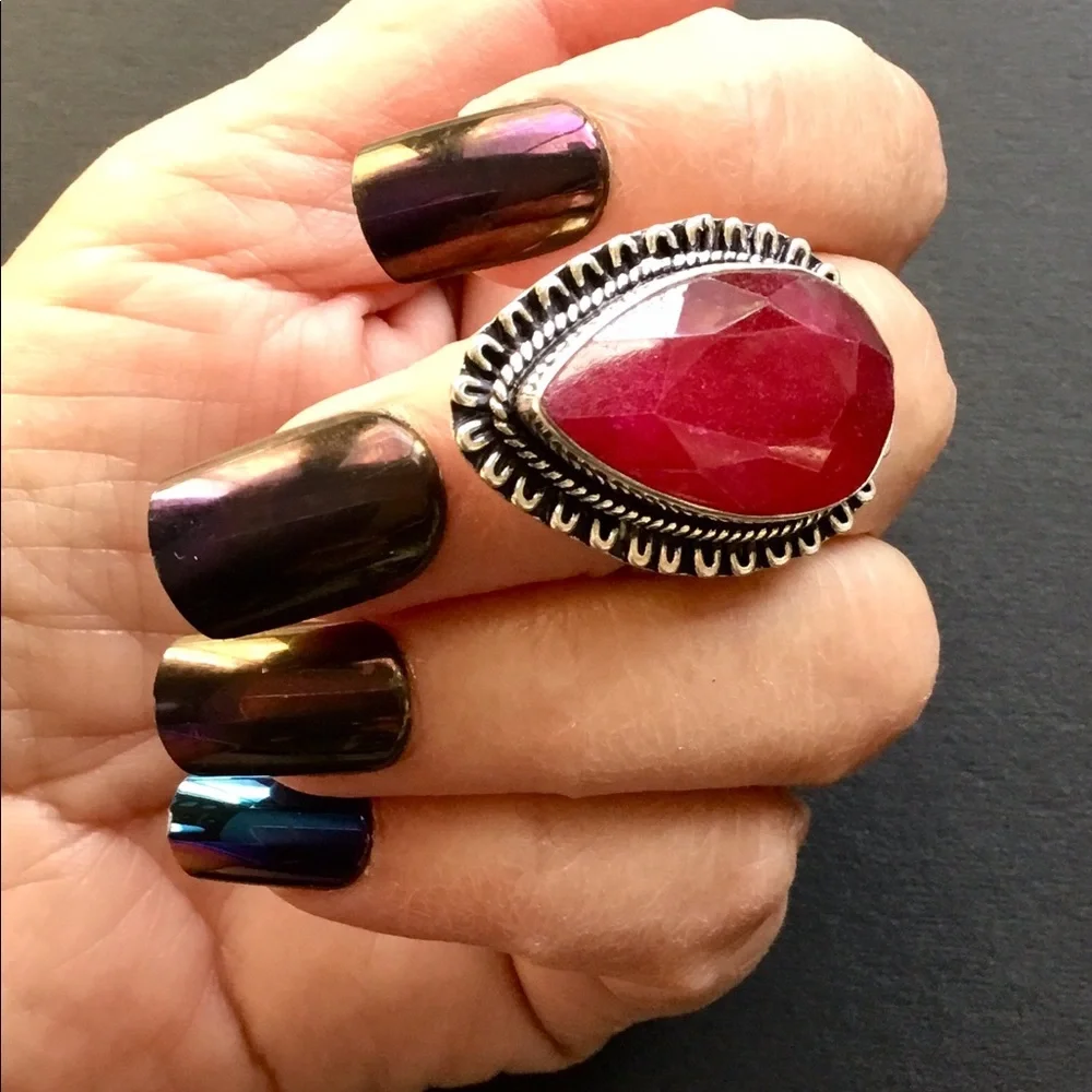 Large Red Ruby Gemstone Ring Tear Drop Style Faceted Handmade Size 6.5